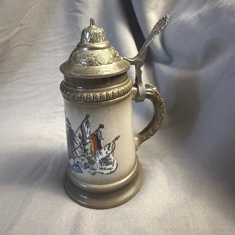 Vintage German Beer Stein Deutschland Eagle Crest Lidded Tankard Beige Stoneware